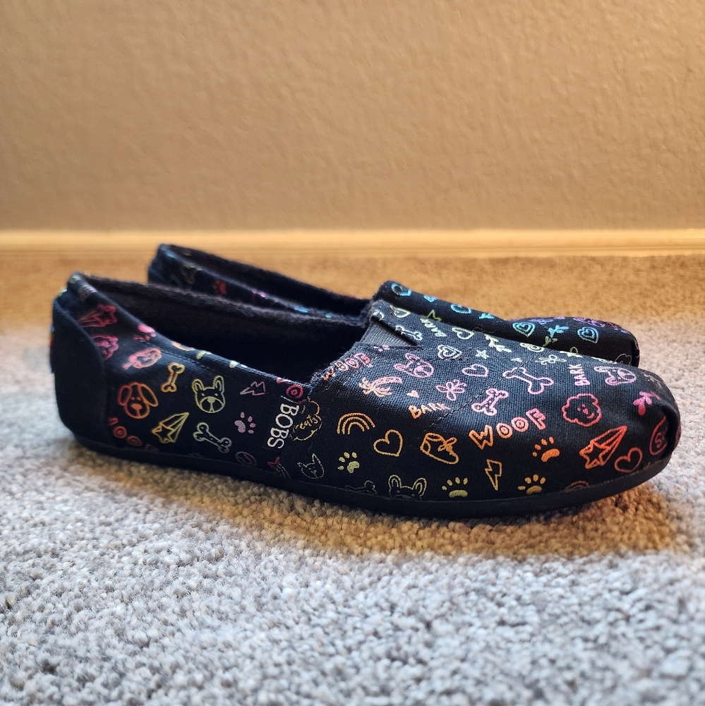 BOBS from Skechers Black Flats with Colorful Dog Icons